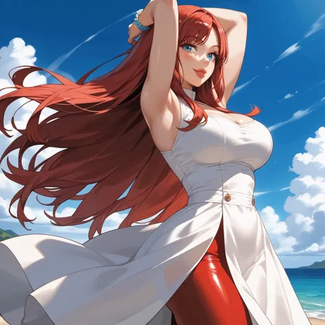 nsfw:1.4, (animated:1.4), | "solo", 1girl, kushinans, kushina uzumaki, blue eyes, Red hair blowing in the wind, smile, arms up, | clouds form her long dress, skin made of TEAL flame, she is bimbo curvature fine, hollow physique, toned body: bimbo LIPS, big...