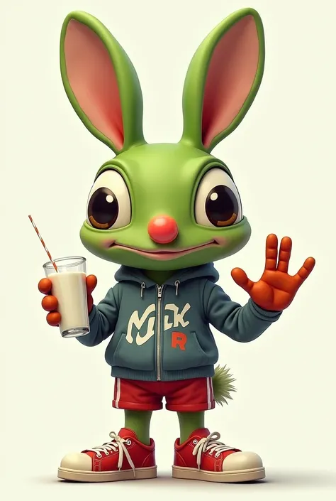 Un contour tête de lapin de la marque sneak avec pépé la grenouille en visage avec un nez de clown et un verre de lait a la main et l autre main le signe 👌 ok