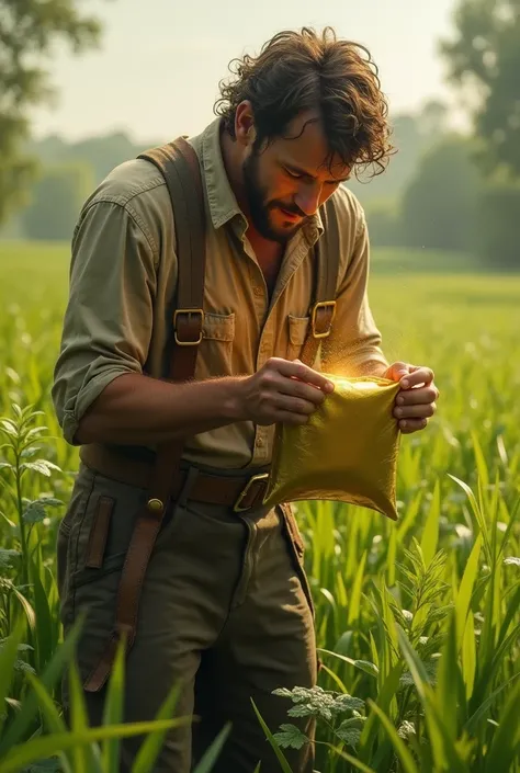 A farmer bending down in a green field, holding a shiny gold pouch with surprise and curiosity.