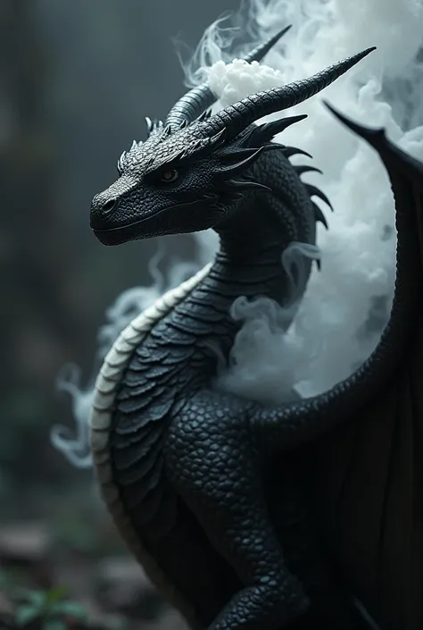 Black and white dragon have a x scar in face and have white smoke in shoulder
