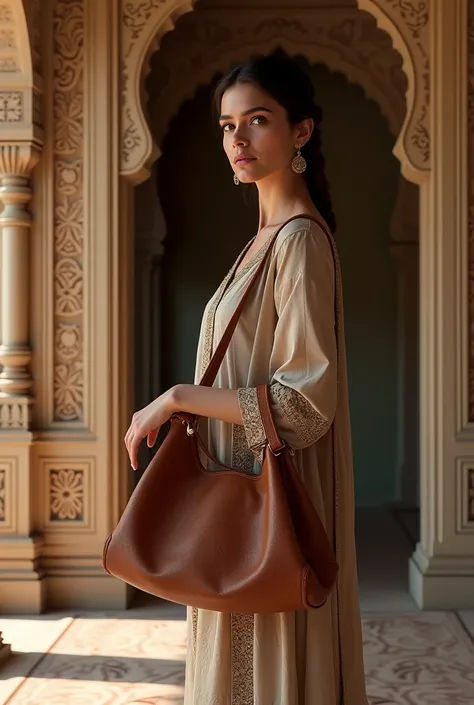 Create a model holding a leather bag in her hand and standing near to Indian heritage wall