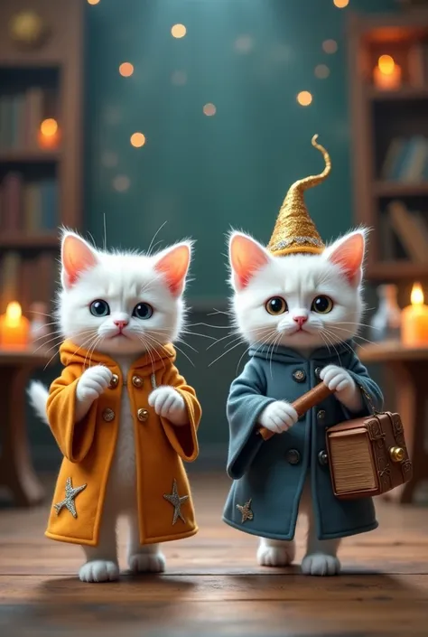  Baby Cats at a Magical School
Two white baby cats walking upright in a magical classroom setting. One wears a robe with silver star embroidery and carries a tiny wand, while the other sports a wizard’s hat and a spellbook bag. The backdrop includes floati...