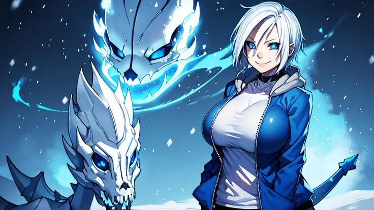 Toby Fox Undertale Sans Blue Jacket , Fire Eyes Skull Smile White Short Hair Luminous Face Blue Dragon Bone Cannon One Person Standing In Snow Town Femininefull Super huge big breasts breast enlargement