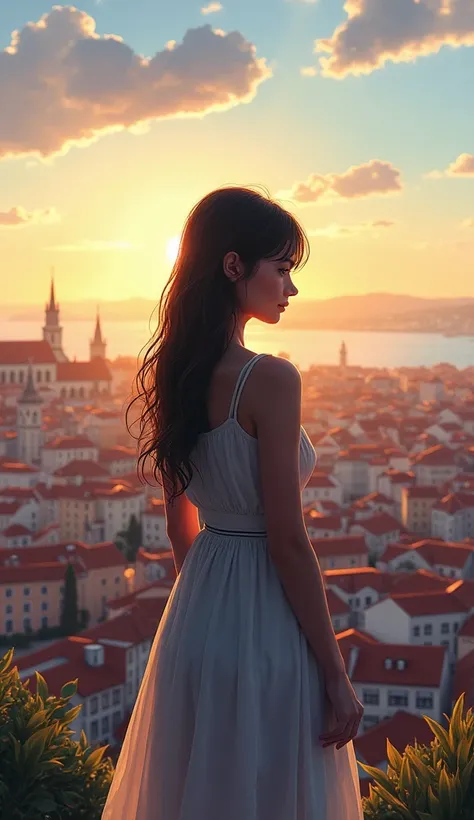 A dreamy girl with her back turned at the Miradouro da Graça in Lisbon, looking at Lisbon.