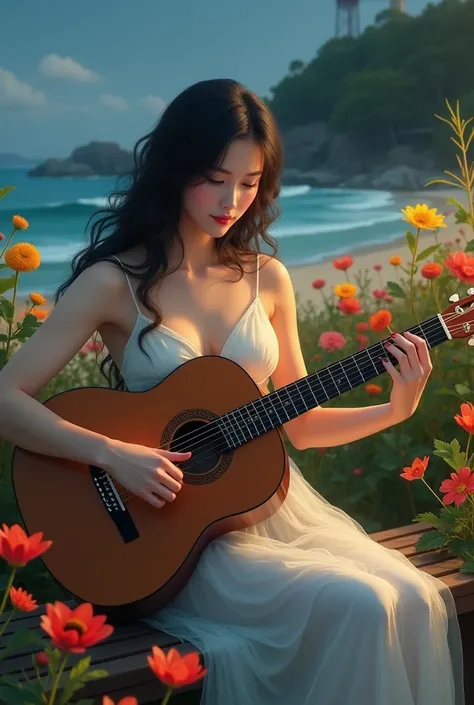 beautiful Japanese woman 40 year old,long and wavy hair,sexy and plump body,big breasts,very white skin,wearing a soft white  singlet long dress,was sitting on a wooden bench,holding and playing a brown guitar,red yellow green flower garden and beach backg...