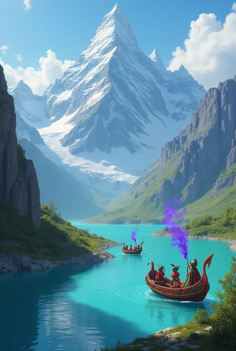 Un paysage de montagne avec un lac turquoise et des lutins dans barques et un monstre qui crache du feu violet 