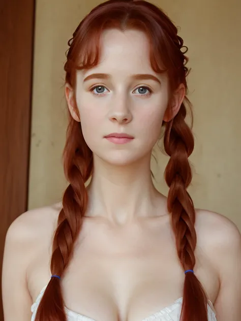 (best quality,4k,8k,highres,masterpiece:1.2),ultra-detailed,(realistic,photorealistic,photo-realistic:1.37), ((woman teacher, solo, shy, pale skin)), ((very large bust size for her young age)), braided red hair