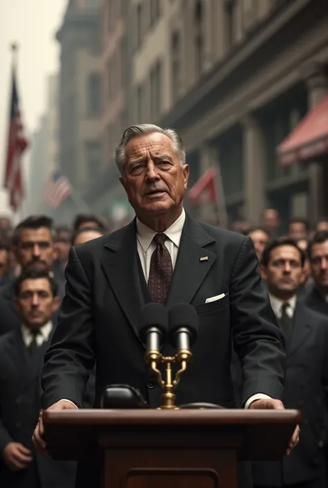 - Character Setting: Franklin D. Roosevelt, 50 years old, realistic, cinematic, distinguished appearance with a confident demeanor, wearing a formal suit and tie.
- Expression: Determined and focused.
- Pose/Action: Standing at a podium, addressing a crowd...