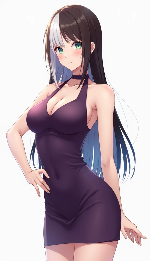 This image depicts a striking anime-style character with a confident pose and captivating features. Her long, sleek hair is split into contrasting dark brown and white tones, enhancing her bold appearance. She has heterochromatic eyes—one bright green and ...