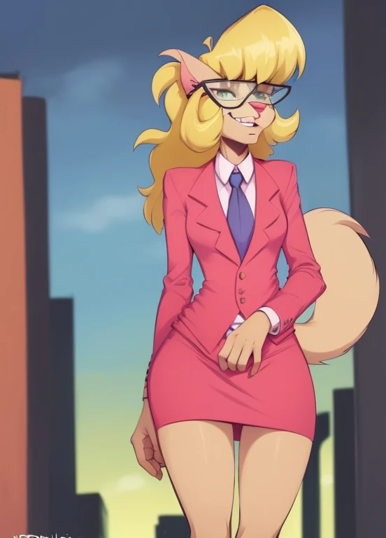 calliebriggs, furry female anthro, cat girl, full body, red skirt suit, necktie, (((three-piece suit))), necktie, (((blazer))), (((suit jacket))),, ((waistcoat)), (((bodycon skirt))), high heels, solo, (body fur:1.2), (best quality), (detailed urban backgr...