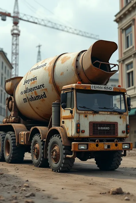 un images ultra réaliste, un camion toupie, sur la toupie du camion ecrire "joyeux anniversaire mohamed"