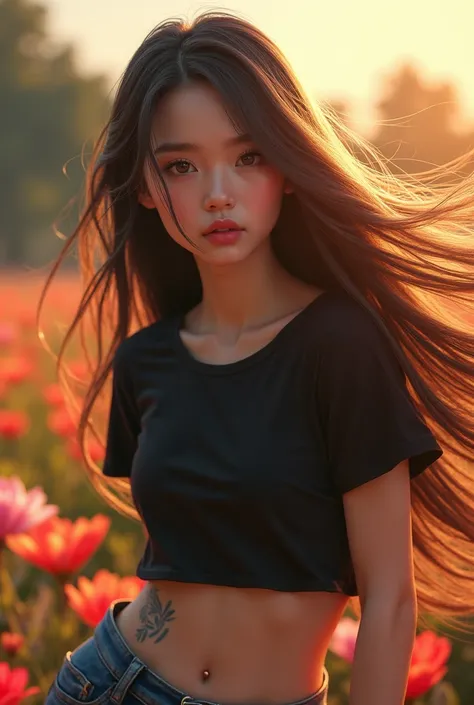  Asian girl,Round face, Long hair, Long hairเป็นพิเศษยาว 2 เมตร, I float up, I flutter up in the wind , Round face,  Strong abdominal muscles , Have a tattoo,   Glazed tile skin  , Pink skin,สวมเสื้อยืดคอกลมสีดำ She wore a black blouse with a graphic print...