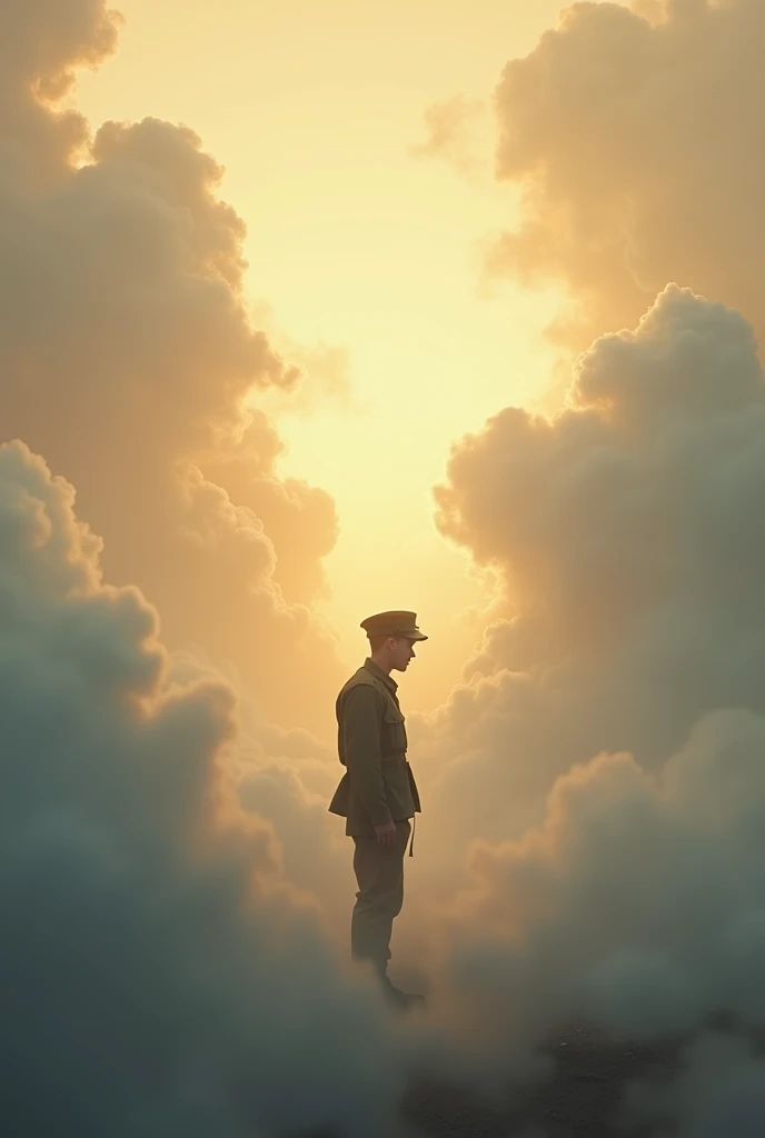 A symbolic depiction of a soldier fading into the clouds, representing the memory of those who served in WW1, with a glowing sky and a serene expression.