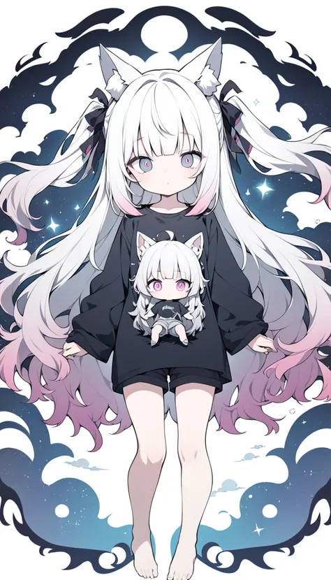 a girl, intelligent, sleepy, front view, long hair, two side up, blunt bangs, messy hair, white hair, gradient hair, streaked hair, pink eyes, silver eyes, big eyes, petite, long-sleeved t-shirt, shorts, hair ribbon, with fox ears, with angel wings on back...