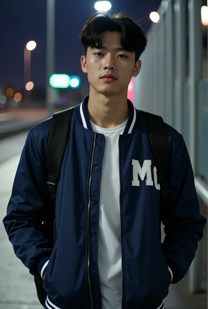 
criar imagem  korea men dongwook , 20 years ,  strong defined body , cabelo black,  porcelain skin gloss effect , dimples.  wearing a white undershirt and a navy blue bomber jacket written MC on his chest.  Some paparazzi are arriving at the Eitihad Stadi...