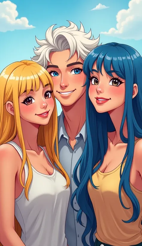 1 man,  2 women , 23 year olds , beautiful, smiling, happy.  White-haired young man, black eye,  a young woman long blond hair ,  a young woman long blue hair with bangs, happy, best friends, cartoon image style , having fun, smiling