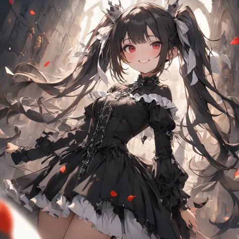 (  masterpiece  ), (   top quality), (    super detailed ),    1 girl,  long hair,  smiles,  black hair,  red eyes,  white ribbon,  twin tails, Small Crown， female  ，Gothic，Rose petals dance，Black， Dutch angle , Castle interior background， poster/magazine ...