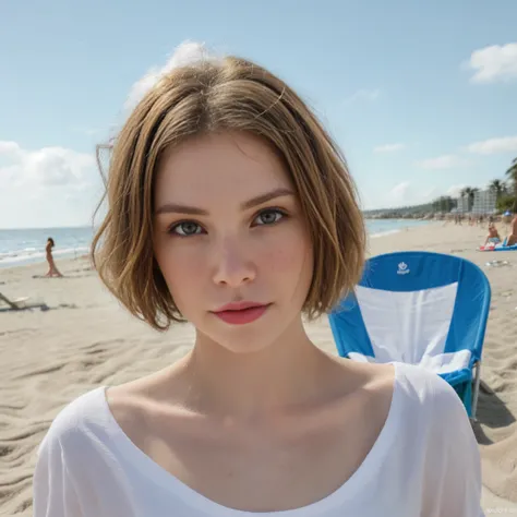 A woman with short blonde hair at a beach, looking down, ½ Portrait