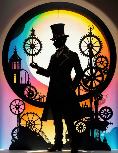 Paper cut out silhouette art, Shadow art, silhouette art, everything except the shadows is colored with colored cellophane, Colorful gradient background. A futuristic world dominated by steampunk technology and aesthetics, Steampunk Decor, Victorian Steamp...