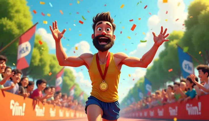 {  
  "prompt": " an animated young man with a full beard , , voluminous dark brown hair brushed upwards ,  and an expression of euphoria Draw the finish line of a marathon in a Pixar-inspired style.  Wear a sweat-drenched sports t-shirt and shorts ,  with...