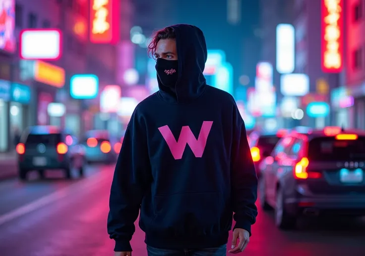 Alan Walker with a mask and a sweater walking and smile neon light and with the W logo with cars