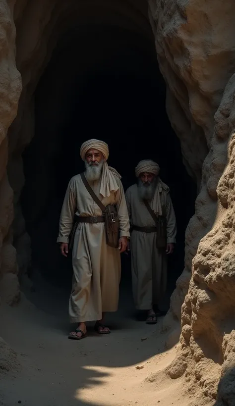  2 arab men of 40 years old wearing simple clothes and turban on head, hiding in a cave ,  dark atmosphere . 