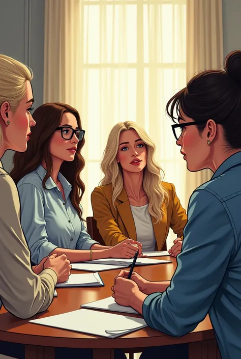  I want them seated in a meeting room ,  I want the image to be a comic book ,  the six women at the table ,  and then I want some focusing on the face of each separately .
1 character: white, de 40 years com óculos e cabelos castanhos ondulados
2 personag...