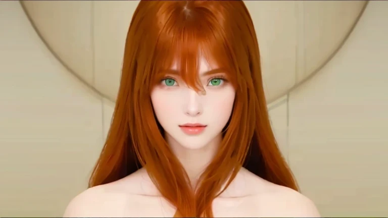 a woman with long brown hair and green eyes, she has long brown orange hair, she has long red orange hair,