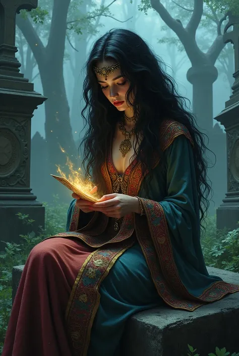 Gypsy woman with long black hair reading tarot cards in the middle of the cemetery. While there are spirits behind her . 