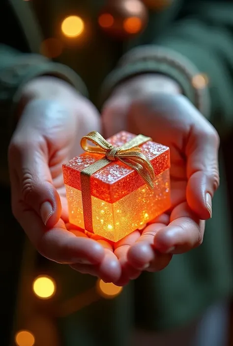 Oil painting,oil_painting,impressionist oil painting style,small strokes of oil painting,A womans hand holds a picture of a small glittering gift box with a golden ribbon. The box emits a soft and warm light,with a bokeh effect of warm golden light. The wo...