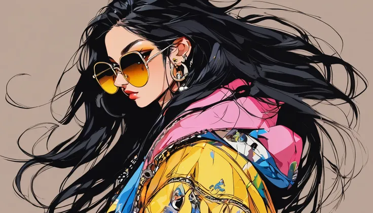  rebellious hip-hop woman ,  her dark hair is styled in a punk rock style ,Long hair spiral hair 　  compliment her brown eyes and light brown skin . image,  probably vivid paintings ,  accurately captures her bold and unique style . Every Little Detail ,  ...