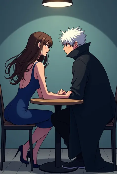 Yeh updated prompt hai, jisme Kaneki Ken ke jaisa normal hairstyle add kiya gaya hai:

"A webtoon-style scene featuring two characters sitting at a round table in a softly lit room. The character on the left is a woman with long, flowing brown hair styled ...