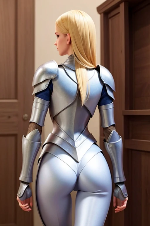 30 year old blonde, slim, tall, very beautiful noble knight woman with 8 head body proportions. Combat pose. Does not generate nfsw.From Behind, 