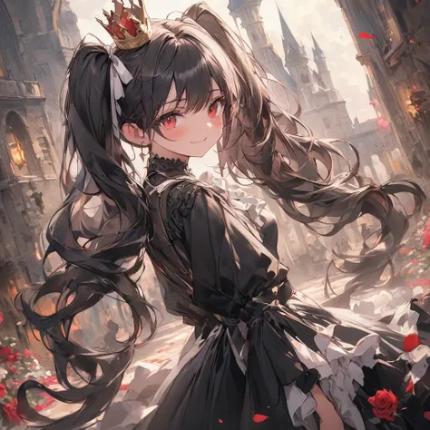 (  masterpiece  ), (   top quality), (    super detailed ),    1 girl,  long hair,  smiles,  black hair,  red eyes,  white ribbon,  twin tails, Small Crown， female  ，Gothic，The petals of many roses dance，Black， Dutch angle , Castle interior background， pos...