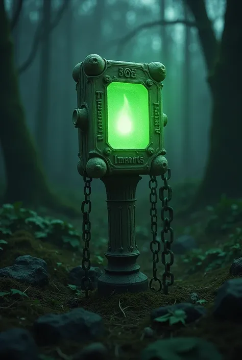 Create an image of a creepy square flashlight made of bones,  with a green flame inside and chains around ,  written Thresh Imports
 With the background of a shady forest