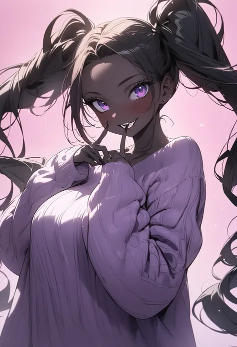 beautiful, (masterpiece:1.2), (best quality:1.2), perfect eyes, perfect face, perfect lighting, 1girl, look at the viewer, (ahegao:0.5), sexy pose、brown、black skin、body muscles、(full shot)、((gal fashion))、oversized sweater with big cleavage, sexy dress , t...