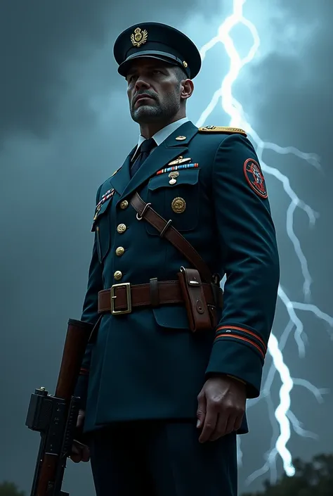 Armed and Uniformed Watchman, in the background lightning and thunder 