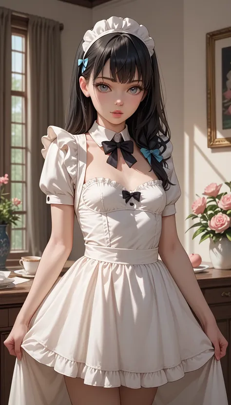 A young maid, detailed clothing, slim body, small breasts, long straight black hair, Looks blue, pale white skin peach,