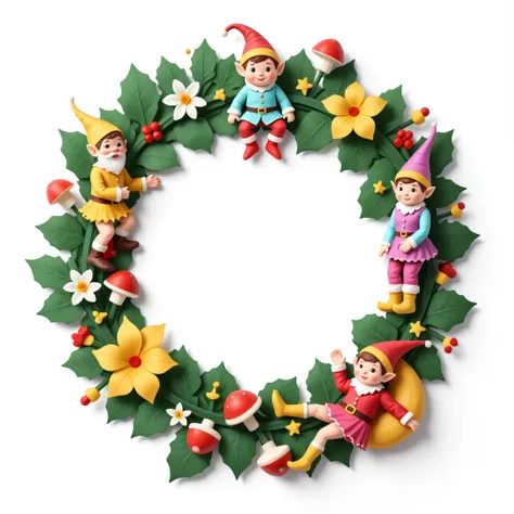 {papercut flat ~ papercraft style} A minimalist design masterpiece, a whimsical Christmas wreath inspired by a rens story, including: three funny mischievous (("Santas elves")), red mushrooms,  flowers and stars, in base of simplified holly leaves. (("Elf ...