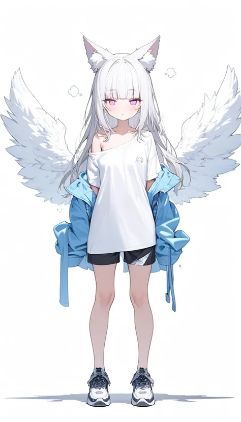 a girl, sleepy, front view, long hair, blunt bangs, white hair, pink eyes, big eyes, long-sleeved t-shirt, with fox ears, with angel wings on back, full body shot, from front, solid white background, standing, ultra detailed, off shoulder, undone clothing,...