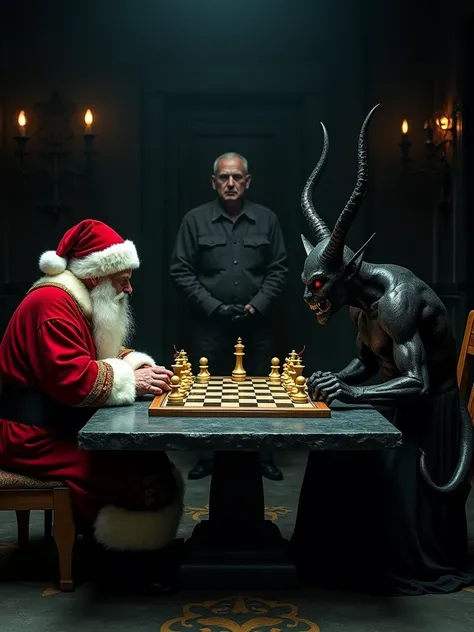 An ultra-realistic and highly detailed image of a humble man who represents Santa Claus ,   sitting on a black stone table and playing gold chess with a demon .  The surroundings are dark and the background is completely black, showing only the reflection ...