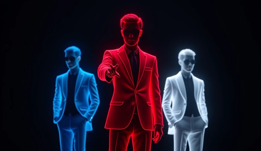  Create a miniature with a black background . in the center,  draw a colored silhouette neon red dressed in an elegant suit.  This silhouette must extend a hand to the camera .  To the left of the red silhouette ,  draw another silhouette in neon blue ,  a...