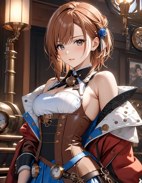  steampunk, masterpiece:1.5, masterpiece, highest quality, ( Misaka Mikoto), UHD, retina, masterpiece, accurate anatomy, textured skin, super detailed, high quality, best quality,  highres icon, 8k