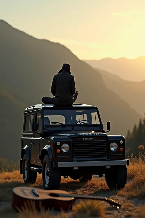 Focusing on Atmosphere
In the fading light of day, a  sits perched on the hood of a classic black Defender, overlooking a serene mountain valley. A guitar, etched with the word "Thoughts," lies nearby, suggesting a moment of quiet contemplation.