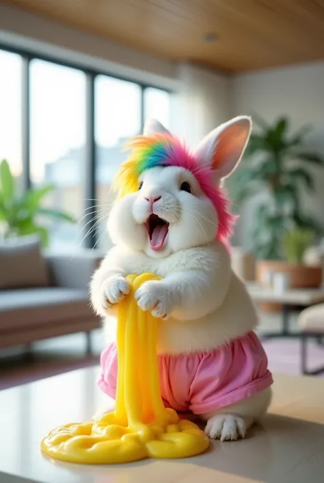 A white-furred rabbit wearing pink shorts and a long, rainbow-colored wig that covered his body, was sitting laughing on the table in a bright, modern living room. The rabbit played with the yellow slime, pulling it between its paws. The backdrop features ...