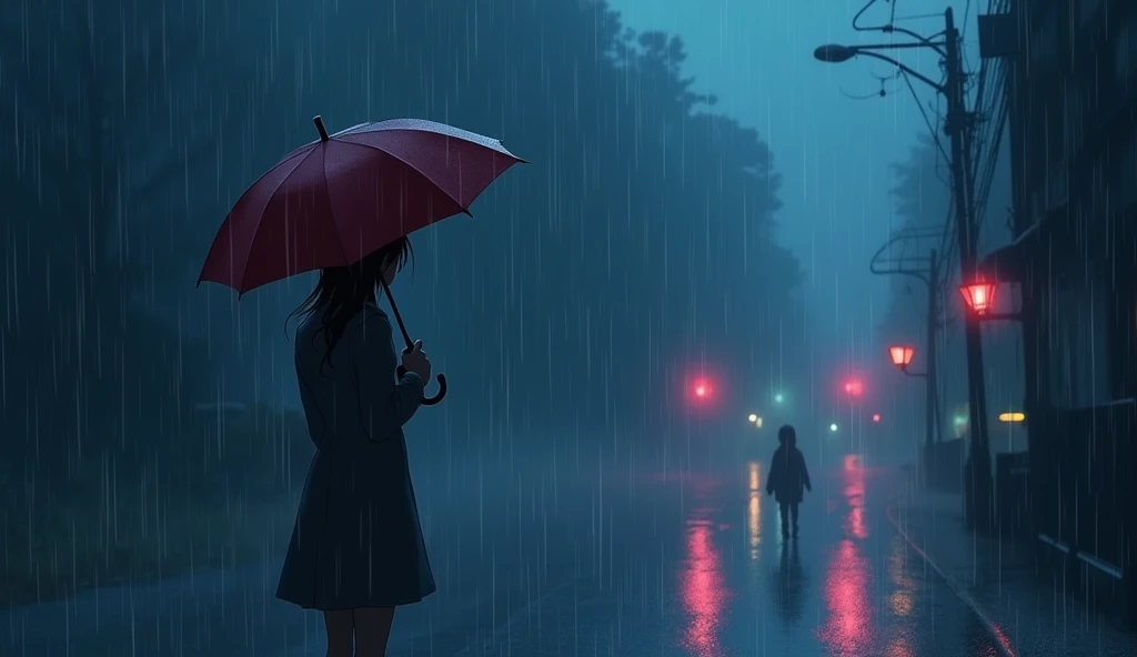 anime girl standing in the rain with an umbrella in her hand,  a photo of Alena Aenami  , tumblr,  conceptual art, Makoto Shinkai Cyril Rolando, raining, stormy weather. Makoto Shinkai, atmospheric anime , atmospheric anime, while its raining, it is night ...