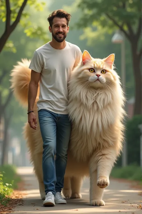 a man in casual dress walks with a giant angora cat