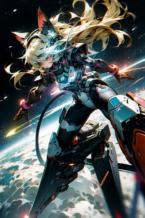 Two female cat , anime, They pilot a combat spaceship , crossing the space, sisters,  futuristic combat suits with neon lights