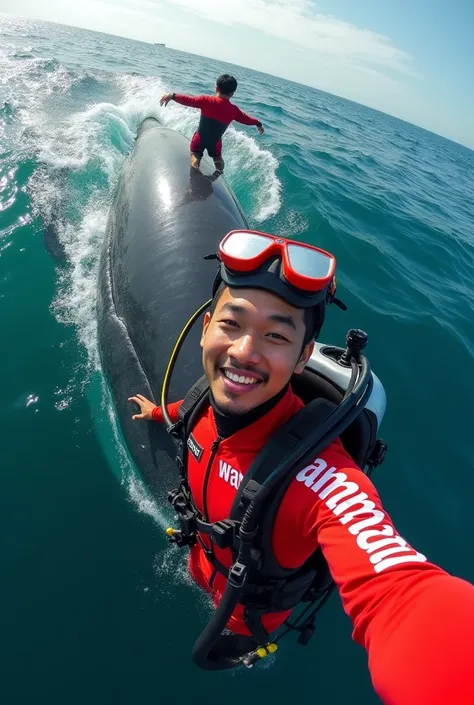  Photo of handsome Indonesian man ,  face facing the camera ,  wearing a full set of red and white diving equipment,  swimming eye mirror on head , There is writing "WAEN" clearly written , in the middle of the sea ,  taking a selfie with a large whale loo...