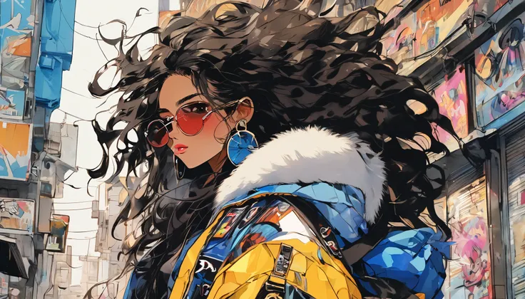  rebellious hip-hop woman ,  her dark hair is styled in a punk rock style ,Long hair spiral hair 　  compliment her brown eyes and light brown skin . image,  probably vivid paintings ,  accurately captures her bold and unique style . Every Little Detail ,  ...